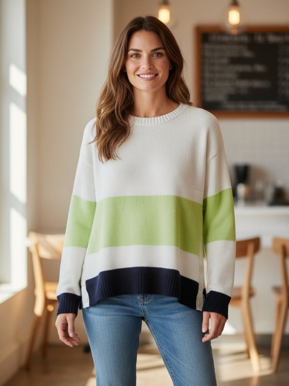 Talbots White, Green, Navy Summer Long Sleeve Sweater, Large Petite